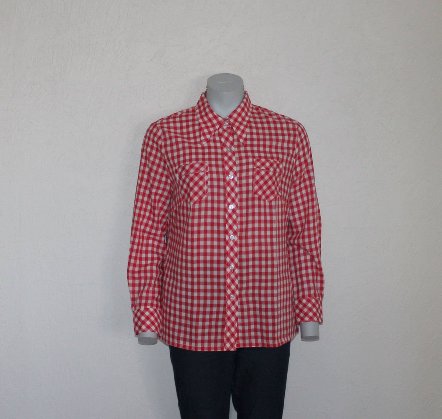 Vintage Shirt Women Blouse Red Gingham 