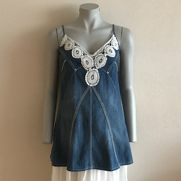 Blue Denim Top Summer Top Embroidered Lace Trim Jean Top Bustier Spaghetti Straps Cotton Small Size