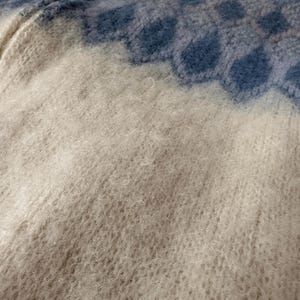 May include: Close-up of a soft, textured knit fabric. The color palette includes off-white and light blue. The design features a pattern of blue shapes against a white background, creating a cozy, inviting feel.