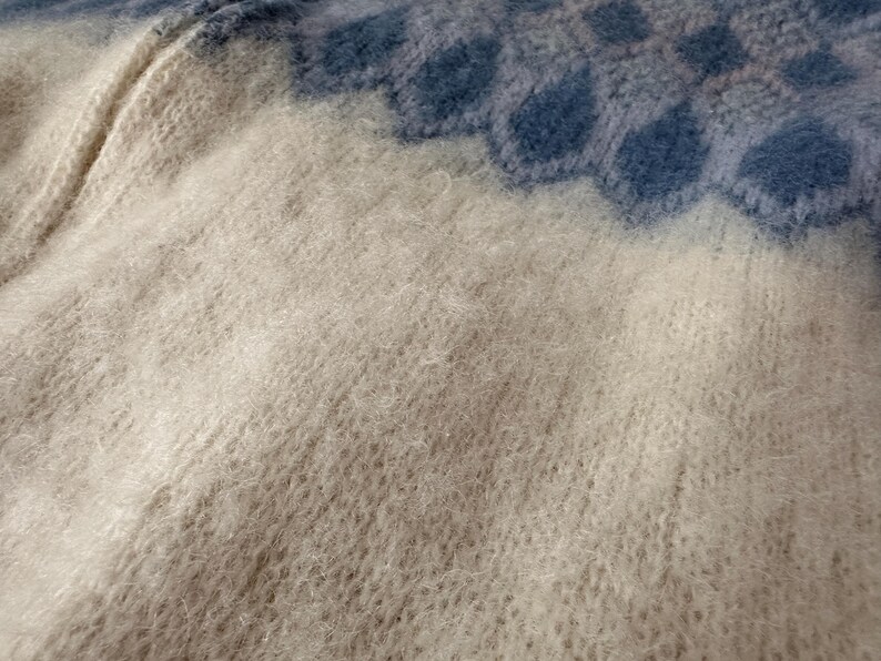 May include: Close-up of a soft, textured knit fabric. The color palette includes off-white and light blue. The design features a pattern of blue shapes against a white background, creating a cozy, inviting feel.