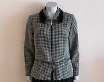 Vintage Jacket Women Jacket Houndstooth Blazer Women Blazer Jacket Faux Trim Collar Blazer  Medium Size