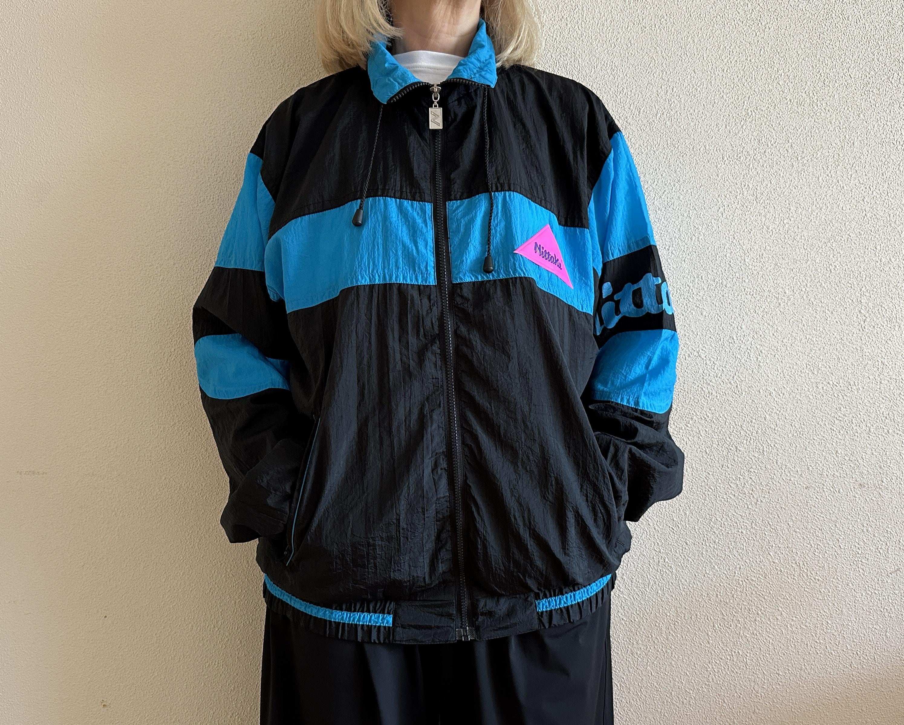 Vintage Nittaku 80s Windbreaker Jacket Black Blue Colorblock Track