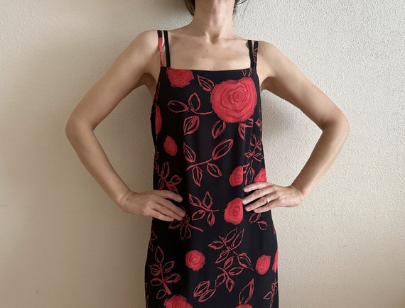 Red Roses Print Dress Black Vintage Dress Summer … - image 2