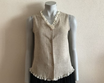 Beige Blouse Summer Blouse Beige Sleeveless Top Lace Trim Shirt  Button up  Romantic Medium Size