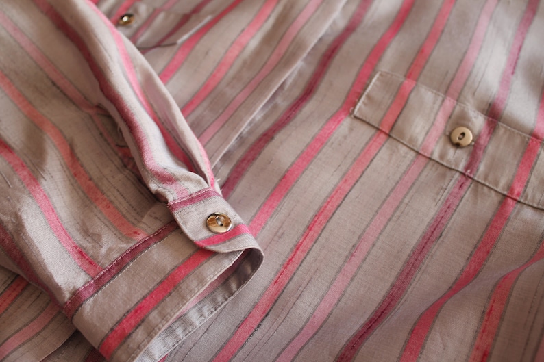 Vintage Blouse Women Blouse Striped Women Blouse Long Sleeve Top Button Up Shirt Gray Pink Striped Sweetheart Secretary