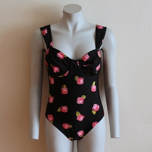 One Piece Swimsuit Rose Print Vintage Swimwear Colorful Swimming Suits Floral Print Bathing Suits Black Pink Flower Print