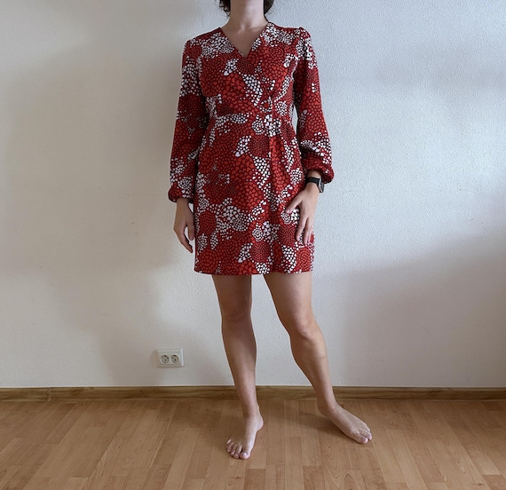 Heart Print Dress Vintage Tunic Red Wrap Dress Long Sleeve Blouse