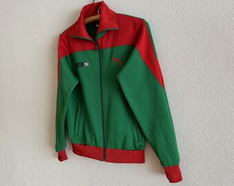 80s Vintage Puma Jacket Retro Puma Track Jacket Green Red Athletic Zipper Pockets Hipster Jacket Small Size