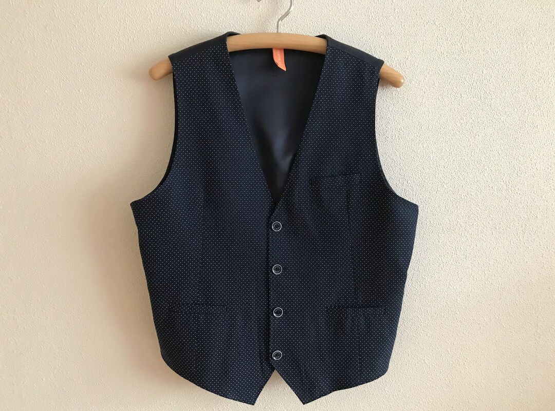 Men's Vest Blue Vest Navy Blue Mens Vest Polka Dot Men Waistcoat Fitted