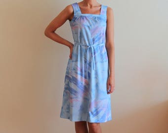 Vintage 1970s Sky Blue Pink White Sleeveless Light Summer Dress