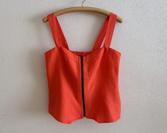 Y2K Orange Linen Corset Top Vintage 90s 2000s Lace Up Back Bustier Bright Coral Crop Top Scandinavian Designer Alli Koldi Karo Size L-XL