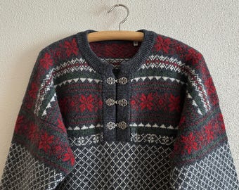 Suéter de diseño noruego, suéter nórdico vintage de punto, suéter escandinavo, suéter de esquí con cierre de ganchos, patrón étnico folklórico