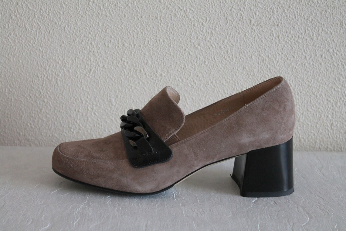 Beige Leather Loafers Beige Suede Leather Flats Black Heel - Etsy