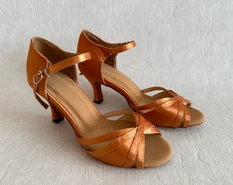 Satin Latin Dance Shoes Orange Women Sandals Suede Sole Shoes High Heel Ankle Strap Ballroom Dance Shoes Women's Tango Bachata Shoes
