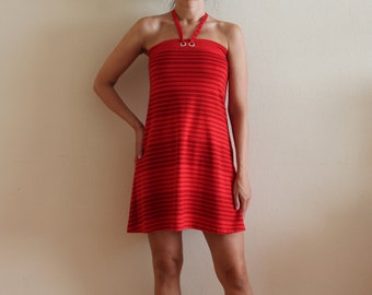 Nanso Dress Red Striped Print Dress Open Back Strapless Summer Midi Dress Backless Beach Dress Small Size
