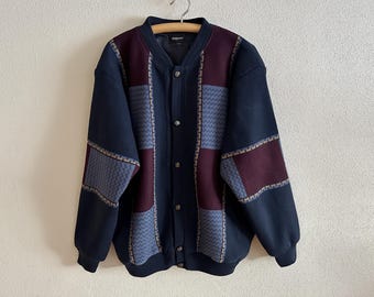 Cárdigan vintage KINGSMEN para hombre, chaqueta de punto de mezcla de lana azul marino, blazer de punto para hombre, chaqueta abotonada con hombreras, talla extra grande