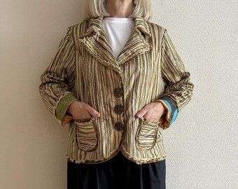Vintage Boho Striped Blazer Multicolor Satin Finish with Textured Trim Women Jacket Statement Outerwear Artistic Eclectic Style