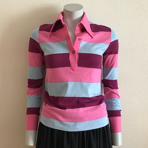 Striped Cotton Top Shirt Long Sleeves Top Pink Blue Striped Blouse Cotton Jersey T-Shirt Huge Collar TETE Made in Finland Small Size