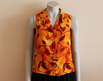 Women's Blouse Vintage Blouse Summer Blouse Sleeveless Women Blouse Colorful Floral Print Shirt Button up Orange Top Medium size