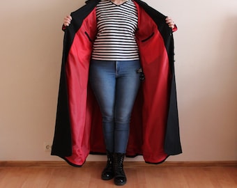 Manteau GOTHICANA Long manteau gothique Long manteau pour femme Manteau noir en laine mélangée Manteau d'hiver à capuche doublé rouge Très grande taille