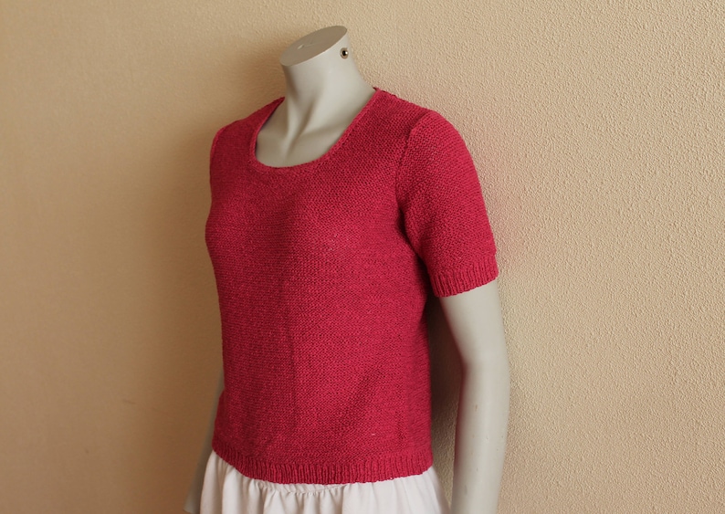 Pink Sweater Summer Pullover Pink Fucsia Knit Sweater Knitted Slouchy Pullover Romantic Cardigan Short Sleeve Blouse Top Cotton Blend Medium