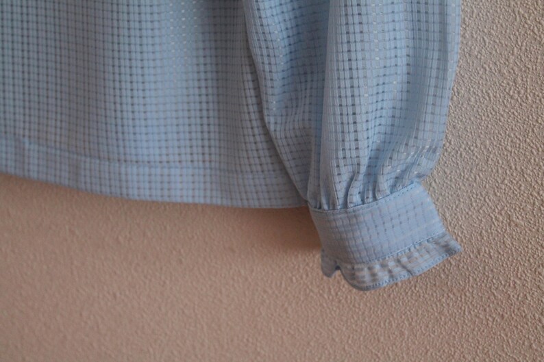 Vintage Blouse Blue Women Blouse Women/'s Shirt Long Sleeve Shirt Office Secretary Top Tie Neck Pussy Bow Blouse Back to School