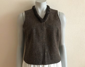 Brown Women Top Warm Fitted Vest Sleeveless Top Faux Fur Trim