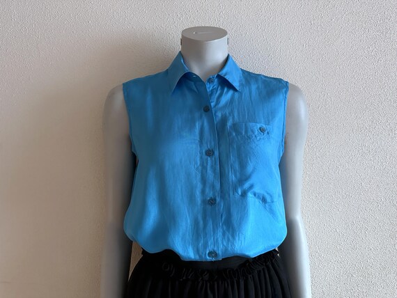 Vintage Silk Blouse Women Silk Blouse Blue Silk Top Sleeveless Button up Silk Shirt Small Size