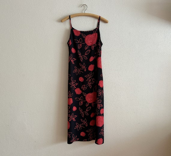 Red Roses Print Dress Black Vintage Dress Summer … - image 8
