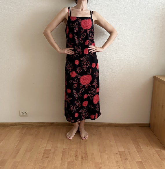 Red Roses Print Dress Black Vintage Dress Summer … - image 1