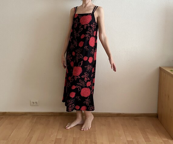 Red Roses Print Dress Black Vintage Dress Summer … - image 5