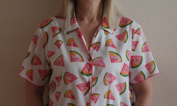 Pajama Top Vintage Blouse Watermelon Print Top Tr… - image 5