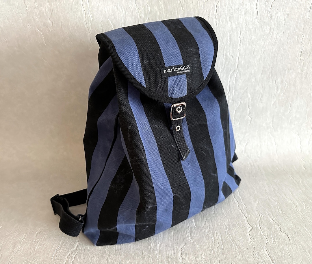 Marimekko Striped Backpack Blue & Black Canvas Drawstring Rucksack ...