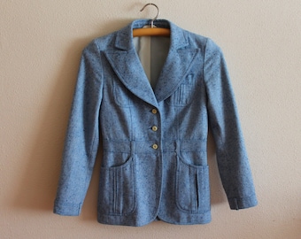 Women's Blazer 70s Jacket Women's Jacket Vintage Blue Jacket  Blue Blazer Womens Jacket Long Sleeve Suit Collar Blazer Small Size