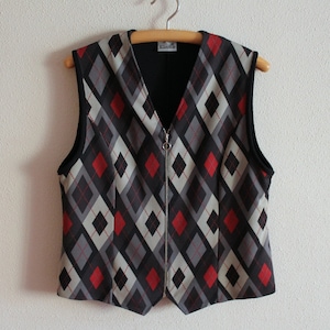 Women's Vest Black Vest Black Grey Red Printed Zip up Vest Womens Waistcoat Finn Karelia Large Size
