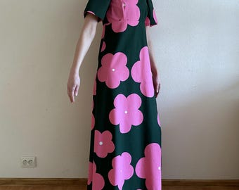 Vintage 1970s Kaisu Heikkilä Finland Dress Cotton Short Sleeve Maxi Dress Romantic Summer  Finnish Design Dress Small Size
