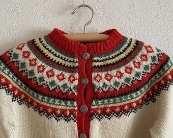 Icelandic Pattern Cardigan Iceland Wool Jacket Cream White Red Wool Knit Jacket Knitted Sweater Pullover
