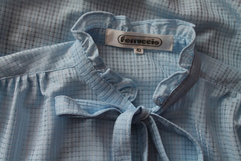 Vintage Blouse Blue Women Blouse Women/'s Shirt Long Sleeve Shirt Office Secretary Top Tie Neck Pussy Bow Blouse Back to School
