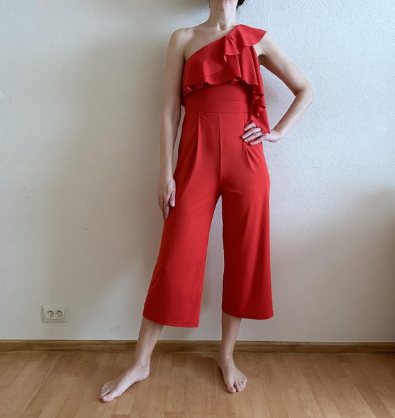 One Shoulder Jumpsuit One Piece Pant Romper Red Stretchy