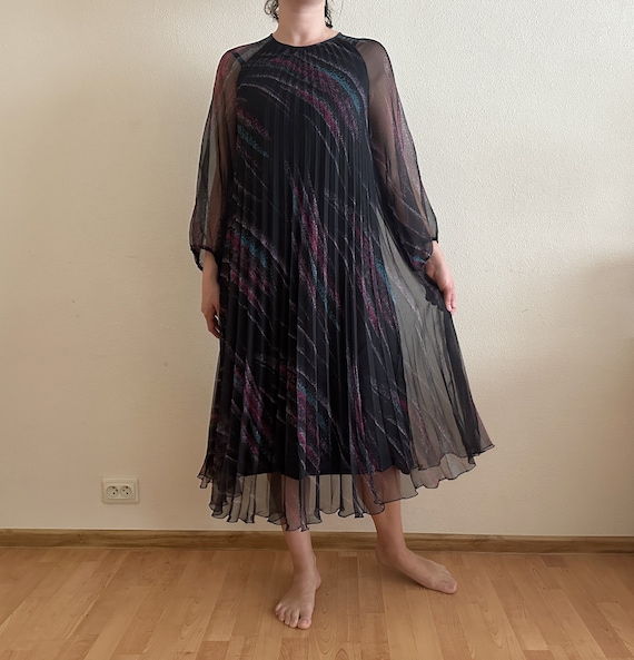 Chiffon Dress Accordion Pleated Thin Material Vintage Dress 1970s Dress Black Dress Long Sleeves A Line Dress Made in France