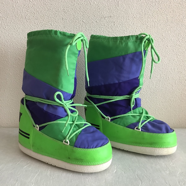 Vintage Moon Boots Winter Boots Retro Snow Boots Colorblock Puffy Boots Green Purple Neon Colors Made in Italia Size 35-37