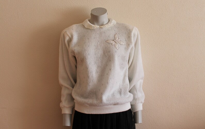 Ivory White Knitted Women Pullower Vintage Knit Sweater Elegant Romantic Long Sleeve Jumper Oversized Cardigan Shoulder Pads
