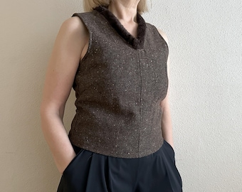 Vintage Brown Tweed Vest with Faux Fur Trim Rustic Wool Blend Waistcoat Cottagecore Dark Academia Vest Nordic Alpine Style Sleeveless Top