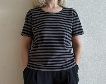 MARIMEKKO Women Shirt Gray Black Striped Cotton Top Nautical Shirt Short Sleeves Sailor Blouse Marine Cotton Jersey T-Shirt Large Size