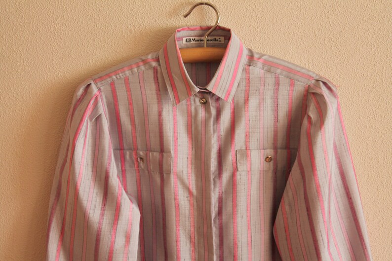 Vintage Blouse Women Blouse Striped Women Blouse Long Sleeve Top Button Up Shirt Gray Pink Striped Sweetheart Secretary
