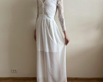 White Lace Open Back Maxi Dress Long Sleeve Sheer Wedding Dress Bridal Gown Small Size