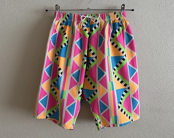Vintage 90s Geometric Swim Shorts Italian Made Colorful Beach Shorts Men’s Size 48 Retro Cotton Trunks