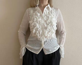 Blusa blanca con volantes de Vintage Notations, manga larga plisada, abotonada, estilo romántico con textura, elegante blusa de noche, talla M para mujer