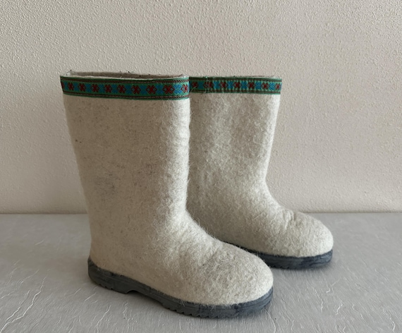 Vintage Weiße Filzstiefel Beige Wollstiefel Wollgefilzte Stiefel