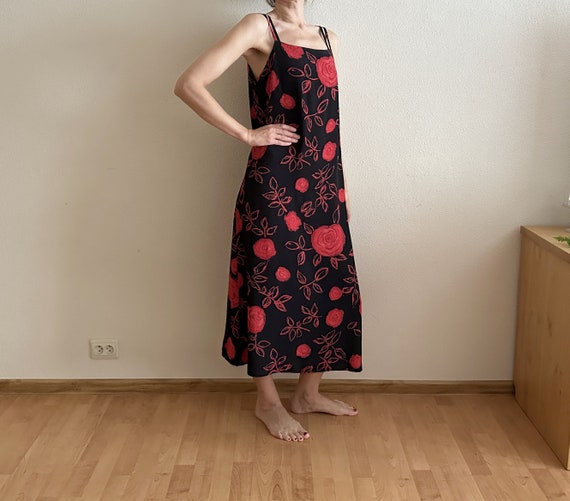 Red Roses Print Dress Black Vintage Dress Summer … - image 4
